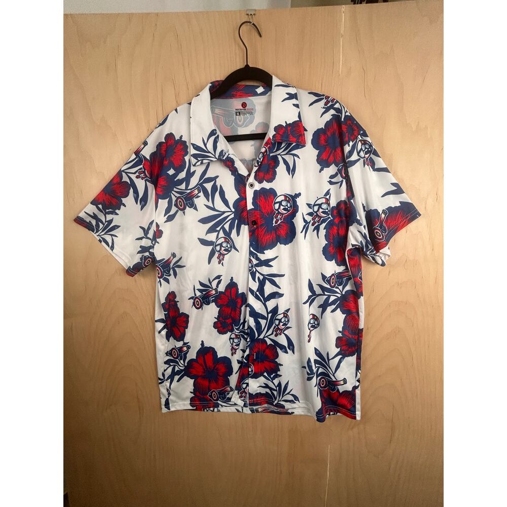 Destroyer Rocks XL Hawaiian Shirt Red White Blue Floral Cannon Aviator aloha - Picture 3 of 7